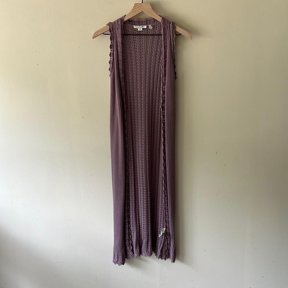 Women’s Simply Noelle size small purple lavender crocheted vest, mid calf length